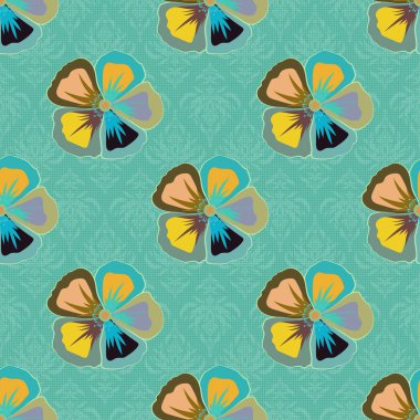 Dekoratif yaz kozmos çiçekleri ile kusursuz desen sarı, yeşil ve mavi renkler, suluboya vektör çizimi.