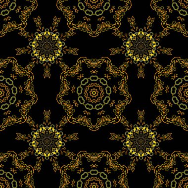 Çiçeksiz desen. Duvar kağıdı barok, kusursuz vektör arkaplan, siyah zemin üzerinde turuncu.