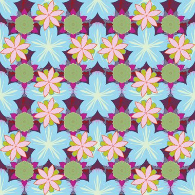 Klasik tarzda stilize edilmiş çiçeklerin zarif deseni. Moda baskısı. Mavi, mor ve yeşil renklerde, desensiz çiçekli, soyut, pürüzsüz desen. Dekorasyon ve tasarım için güzel vektör deseni.