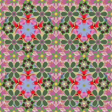 Eski tarz. Stock vektör illüstrasyonu. Soyut çiçeklerin kusursuz deseni kırmızı, yeşil ve pembe renklerde..