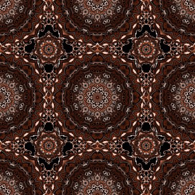 Vektör çizimi. Damask, kahverengi, pembe ve kırmızı renklerde, kusursuz çiçek arkaplan deseni.