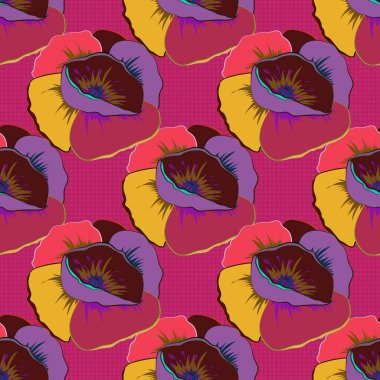 Çiçek arkaplan. Yatak çarşafları, ceket, paket tasarımı, kumaş ve moda kavramları için tekstil baskısı. Haşhaş çiçekleri ve pembe, kahverengi ve mor yapraklı vektör deseni.