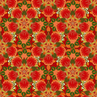 Motley ızgarası. Kırmızı, yeşil ve sarı elementli vektörsüz desen.