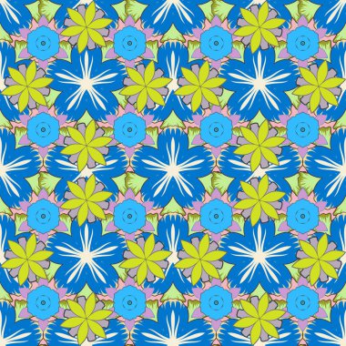 Ditsy stil vektör çizimi. Bir sürü çiçeğin görüntüsüyle kusursuz bir desen. Bej, mavi ve sarı renkli küçük şirin çiçekler..