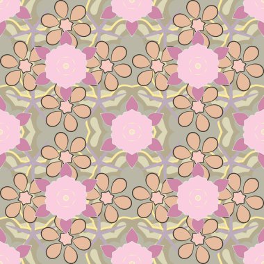 Gri, yeşil ve pembe küçük çiçekli vektör arkaplan. Elle boyanmış, dikişsiz çiçekler..
