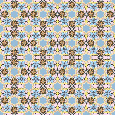 Kumaş, tekstil ve ambalaj kağıtları için dekoratif süs. Geleneksel doğulu desensiz şal deseni. Çiçek duvar kağıdı bej, sarı ve mavi renklerde. Şal desenli vektör çizgili, pürüzsüz desen.