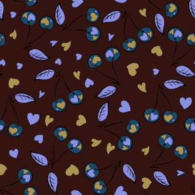 Soyut kirazlı kare kompozisyon. Şekillendirilmiş mor, siyah ve mavi kirazlı vektörsüz desen.