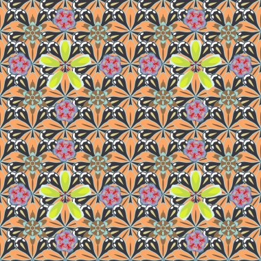 Yumuşak suluboya çiçek deseni. Kahverengi, sarı ve mavi renklerde kusursuz desen. Vektör illüstrasyonu.