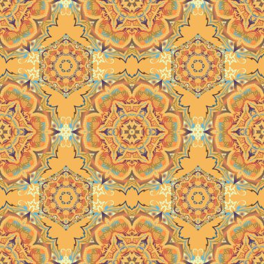 Etnik ve kabile motifleri. Renkli soyut arka plan. Geleneksel Noel renklerinde (bej, sarı ve turuncu) vektör geometrik süslemeli parlak, pürüzsüz desen. Süslü canlı duvar kâğıdı.