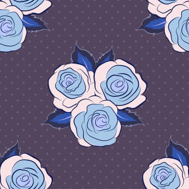 Çiçek izi. Yırtık pırtık güller ve yapraklar tekrar ediyor. Mavi ve kahverengi renklerde, modern, renksiz çiçek deseni..