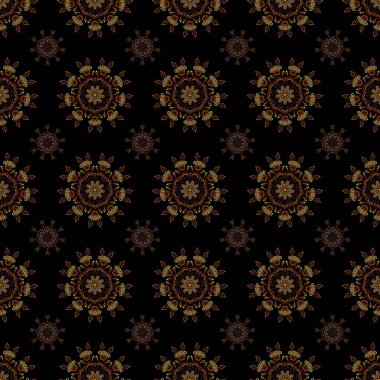 Klasik lüks damaske süsü. Duvar kağıtları, tekstil ve ambalaj için kraliyet Victoria dönemi kusursuz dokusu. Enfes bir barok şablonu. Vektör damaskesiz desen kahverengi, sarı ve turuncu renklerde.