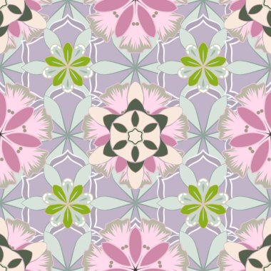 Vektör çizimi. Şatafatlı, pürüzsüz yeşil, pembe ve bej renkli dalgalı süslemeler..