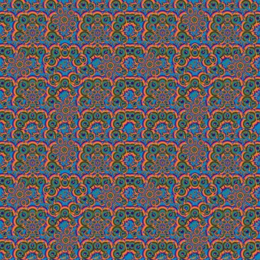 Soyut çiçek arkaplanı. Çiçekler ve yapraklar yeşil, mavi ve turuncu renklerde vektörsüz desen. Yatak çarşafları, ceket, paket tasarımı, kumaş ve moda kavramları için tekstil baskısı.