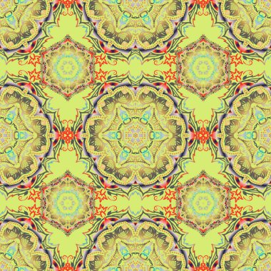 Sarı, kahverengi ve yeşil soyut çiçek süsü, soyut dekoratif elementlerin vektörsüz deseni.