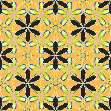 Küçük stilize çiçekler. Sarı, bej ve gri renklerde, küçük, şirin, dikdörtgen desenli bir çiçek deseni. Raster illüstrasyonu.