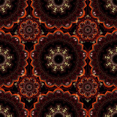 El yapımı etnik doku, hayal gücünün uçuşu. Vektör çizimi. Kırmızı, kahverengi ve sarı renklerde kusursuz soyut kabile deseni.