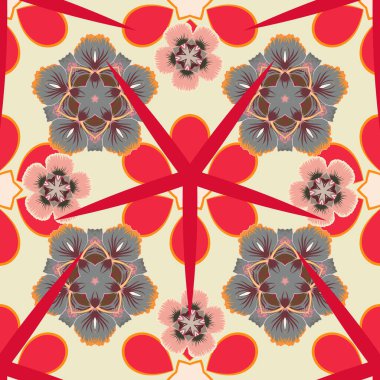 Tropikal yapraklar ve pembe, bej ve gri renkli çiçeklerle Raster pürüzsüz arkaplan deseni.