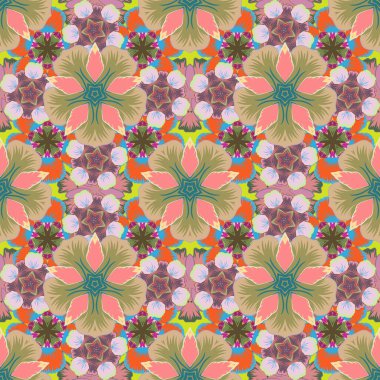 Vektör çizimi. Sarı, bej ve pembe renklerde desensiz çiçek deseni.