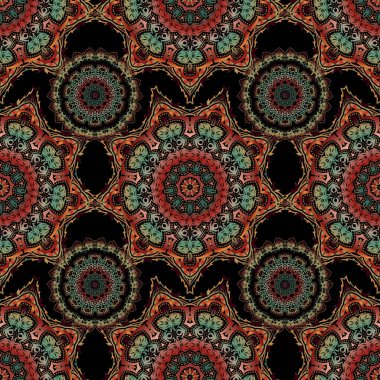 Damask, kahverengi, yeşil ve kırmızı renklerde çiçeksiz arkaplan deseni. Vektör illüstrasyonu.