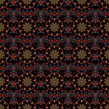 Vektör çizimi. Damask, kahverengi, turuncu ve yeşil renklerde, kusursuz çiçek deseni..