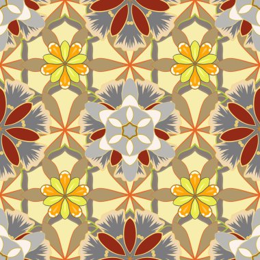 Sarı, bej ve gri renkli kusursuz duvar kağıtları. Kusursuz desen web sayfası arka planı, yüzey dokuları ve kumaşlar için kullanılabilir. El yapımı kır çiçekleri..