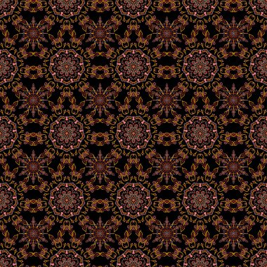 Sorunlu damasküler desensiz arka plan fayansları. Siyah arkaplanda kırmızı renklerle renklendirilmiş kusursuz vektör süslemesi.