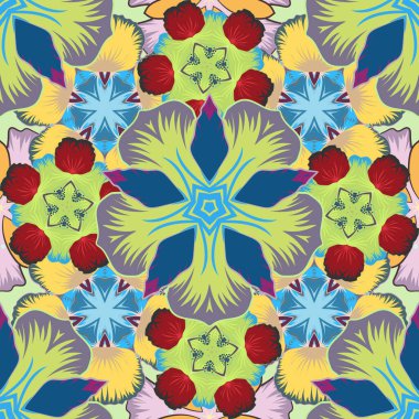 Geleneksel klasik şablon sarı, mavi ve yeşil renklerde. Vektör çizimi. Soyut süs, barok tarzında kusursuz bir desen..