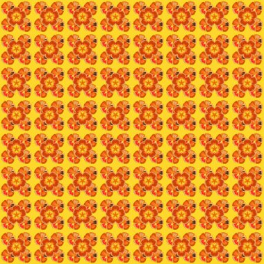 Elle yazılmış vektör kozmos çiçekleri, pullar, anahtarlar. Sarı, turuncu ve kahverengi renklerde klasik, pürüzsüz desen.