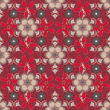 Gri, kırmızı ve bej renkli küçük çiçeklerin kusursuz deseni. Tekstil, kapak, imalat, duvar kağıtları, baskı, hediye paketi ve yapıştırma kitabı için Raster çiçek arka planı.