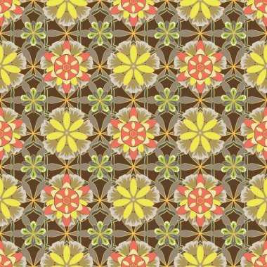 Sarı, gri ve kahverengi renklerde çiçeklerin kusursuz deseni. Optik yanılsama. Vektör illüstrasyonu iç tasarım, baskı, ağ ve tekstil tasarımı için iyidir.