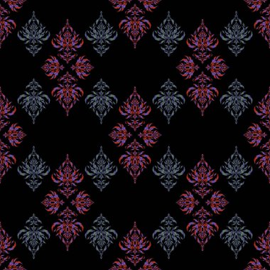 Geometrik tekrarlayan raster süsü turuncu, yeşil ve mor elementlerle. Siyah bir arkaplanda kusursuz soyut modern desen.