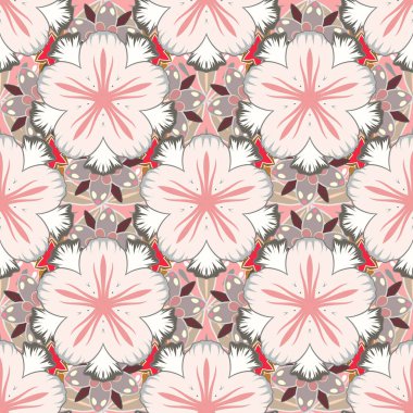 Gri, beyaz ve bej renklerde kusursuz bir arkaplan. Küçük çiçekli, pürüzsüz bir desen. El çizimi raster çizimi.