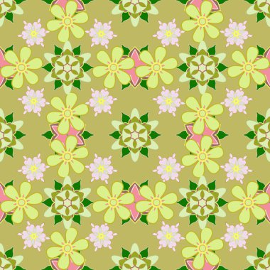 Vektör soyut çiçek arkaplanı. Bir sürü küçük yeşil, sarı ve bej çiçekli kusursuz desen. Kusursuz çiçek deseni.