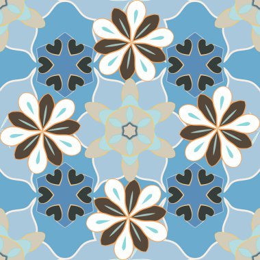 Ditsy tarzı illüstrasyon. Mavi, yeşil ve kahverengi renkli küçük sevimli çiçekler. Bir çok çiçeğin görüntüsüyle kusursuz desen.