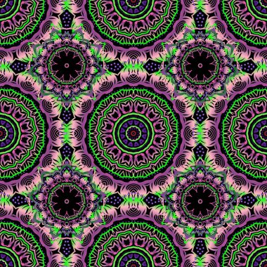 Vektör kusursuz desen. Kusursuz kumaş deseni, klasik duvar kağıdı, siyah arka planda pembe ve mor. Süslü kenar.