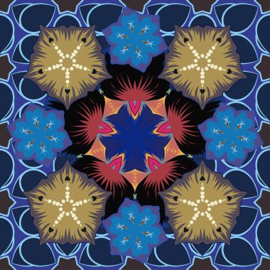 Gri, sarı ve mavi renklerde kusursuz soyut kabile deseni. Vektör çizimi. El yapımı etnik doku, hayal gücünün uçuşu..