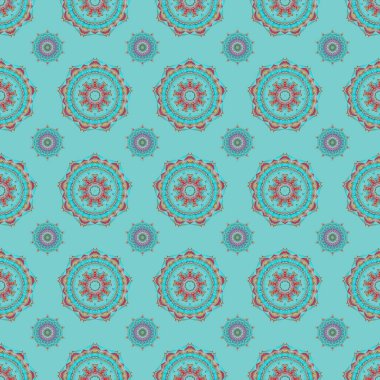 Eski bir süs. Doğulu tarzı. Damask, mavi, sarı ve kırmızı renklerde kusursuz desen. Kumaş, duvar kağıdı, arkaplan, davetiye, ambalaj ve kitap kapakları için tasarım. El çizimi illüstrasyon.