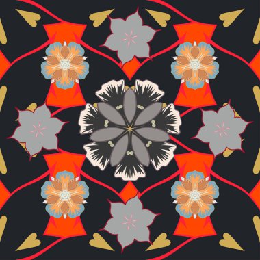 Turuncu, kırmızı ve gri renklerde kusursuz soyut çiçek deseni. Güzel bir arkaplan. Geometrik yaprak süsü. Grafiksel modern desen.