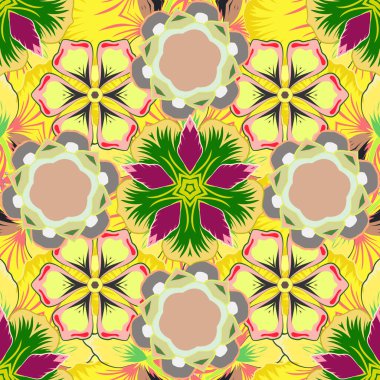 Geçmişe dönük tasarım için bej, sarı ve yeşil elementlerle kusursuz desen. Eski model. Duvar kağıtları, tekstil, kumaş, ambalaj kağıdı, ambalaj kutusu vs. için evrensel vektör deseni.