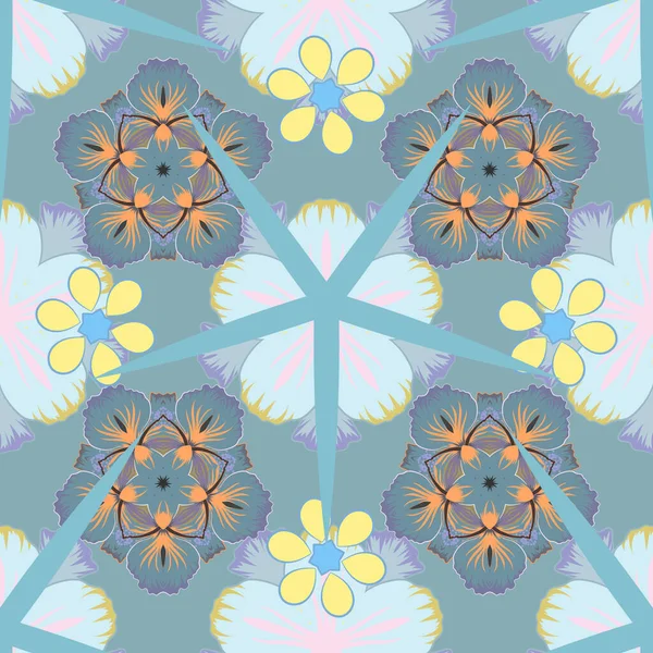 Şal desenli, vektör çizgili, pürüzsüz desen. Kumaş, tekstil ve ambalaj kağıtları için dekoratif süs. Mavi, sarı ve menekşe rengi duvar kağıtları. Geleneksel doğulu dikişsiz şal deseni