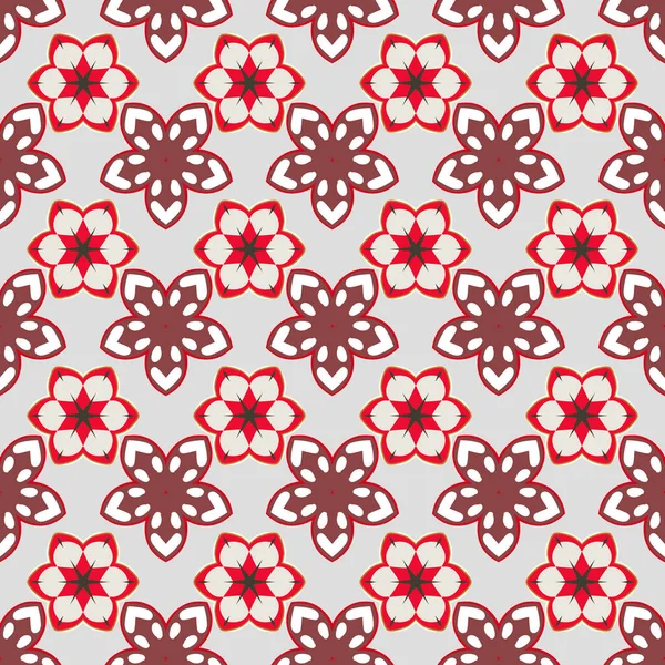 El çizimi çiçek unsurları olan soyut, dikişsiz raster deseni. Kırmızı, kahverengi ve gri renkli çiçek açan ipek eşarp. Retro tekstil tasarım koleksiyonu. Sonbahar renkleri. 1950 'ler-1960' lar motifleri.