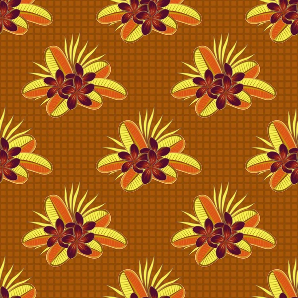 Raster Seamless Floral Pattern Plumeria Flowers Leaves Yellow Brown Orange — Stock Vector