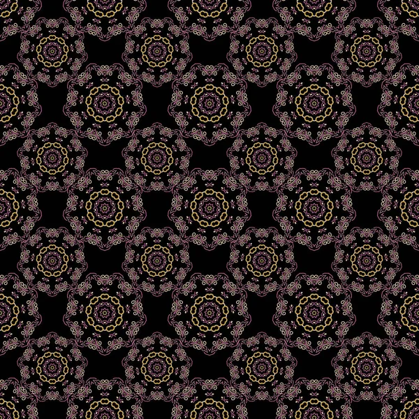 Декоративная Рамка Розовых Желтых Цветах Черном Фоне Векторный Бесшовный Дамасский — стоковый вектор