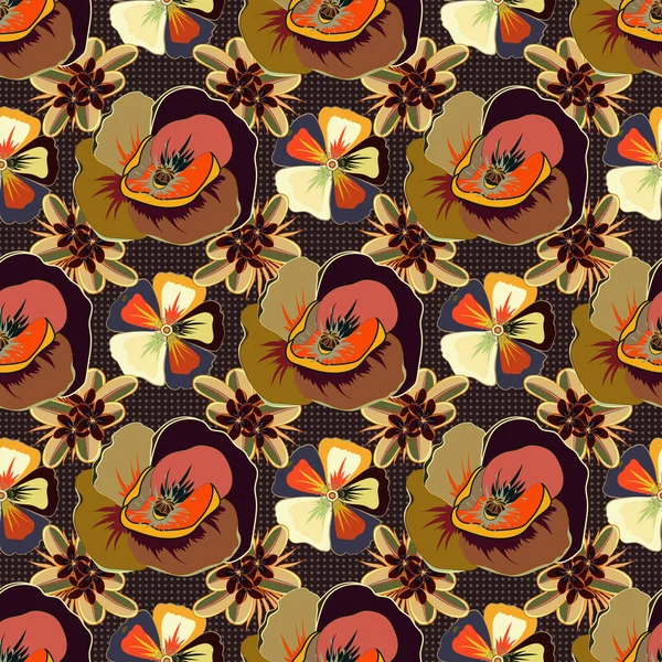 Soyut bej, turuncu ve kahverengi haşhaş desenleri. Klasik Motley Gelincikleri (elle çizilmiş).