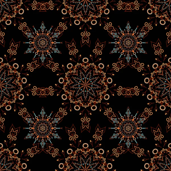 Bruin Oranje Ornament Een Zwarte Achtergrond Bloemen Naadloos Patroon Naadloze — Stockvector