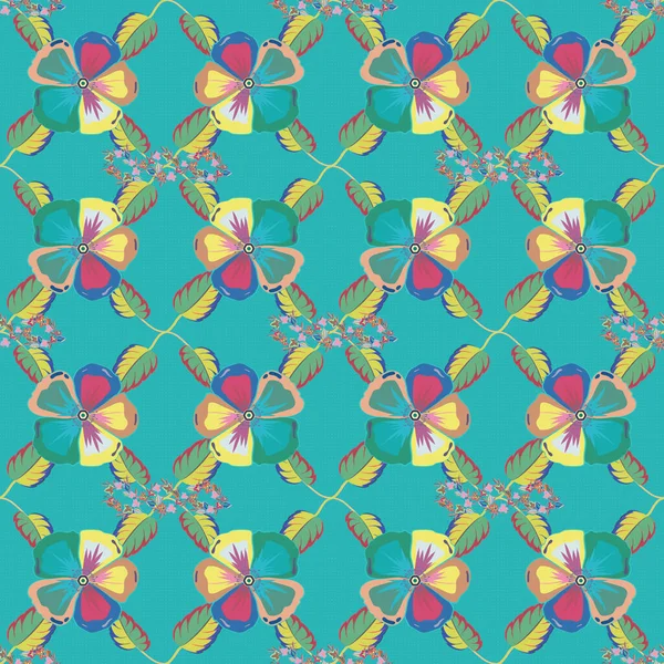 Pembe, yeşil ve mavi renklerde, klasik, dikişsiz desen. El yazısı kozmos çiçekleri, pullar, anahtarlar..