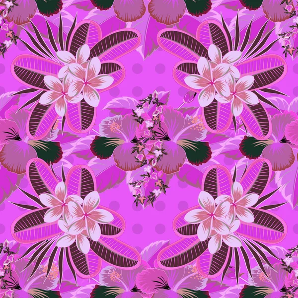 热带芙蓉花的矢量无缝图案 密密麻麻的丛林 具有热带夏季主题的粉色和紫色图案可用作纹理 包装纸 纺织品设计 — 图库矢量图片
