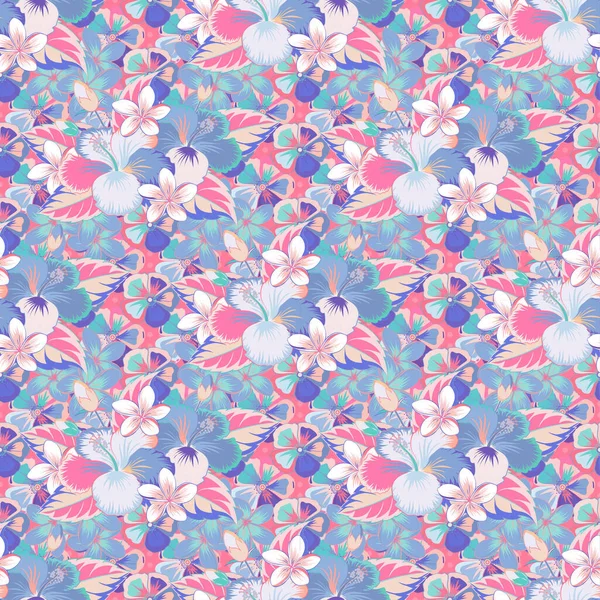 Hawaiian Tropische Natuurlijke Bloemen Naadloos Patroon Roze Blauw Grijs Kleuren — Stockvector