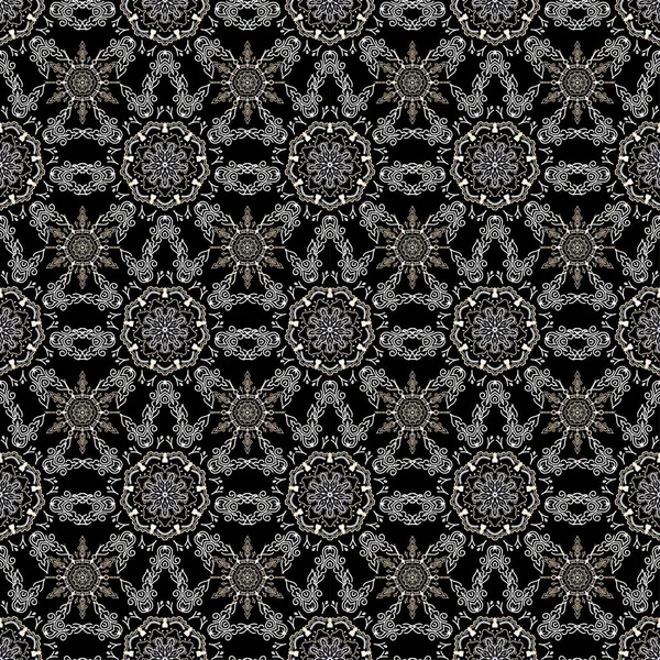 Nahtloses Damastmuster Klassische Tapeten Hintergrund Zierrand Grauen Farben Auf Schwarzem — Stockvektor