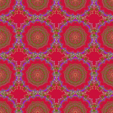 Kırmızı arka planda çok renkli, dikişsiz bir model. Soyut vektör çok renkli doku. Düşük polyester çoklu renk deseni çizimi.